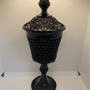 Indiana Tiara Black Glass Diamond Cut Lidded Compote Candy Apothecary Jar 16"